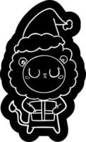 icône de dessin animé d'un lion avec un cadeau de noël portant un bonnet de noel vecteur