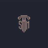 monogramme de logo initial sh avec un design de style pilier pour un cabinet d'avocats et une société de justice vecteur