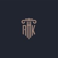 monogramme de logo initial rk avec un design de style pilier pour un cabinet d'avocats et une société de justice vecteur