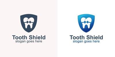 protection des dents saines avec des accolades et un symbole de bouclier pour les soins dentaires ou la conception du logo des dentistes vecteur