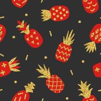 modèle sans couture créatif d'ananas rouge avec texture de paillettes d'or sur fond noir. ornement géométrique, arrière-plan élégant. illustration vectorielle avec ananas mignon dessiné à la main vecteur