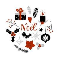 noel, joyeux noël en français. composition de cercle avec des attributs de décoration de noël. illustration vectorielle. vecteur