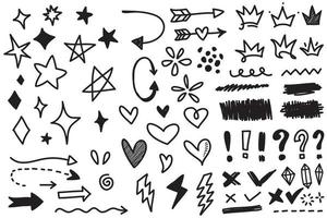 ensemble d'images vectorielles de différentes couronnes, coeurs, étoiles, cristaux, étincelles, flèches, éclairs, diamants, signes et symboles. dessinés à la main, élément de doodle isolé sur fond blanc. vecteur