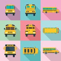 jeu d'icônes d'enfants de retour d'autobus scolaire, style plat