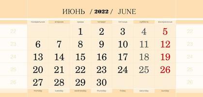 bloc trimestriel du calendrier pour l'année 2022, juin 2022. la semaine commence à partir du lundi. vecteur