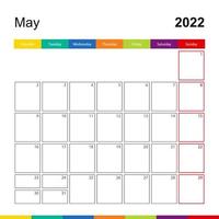 calendrier mural coloré de mai 2022, la semaine commence le lundi. vecteur