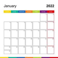 calendrier mural coloré de janvier 2022, la semaine commence le lundi.