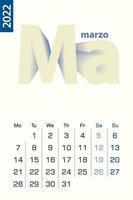 modèle de calendrier minimaliste pour mars 2022, calendrier vectoriel en langue espagnole.