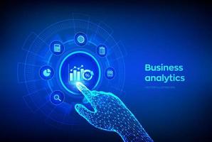 analyse des données commerciales et concept d'automatisation des processus robotiques sur écran virtuel. bénéfice et chiffre d'affaires de l'entreprise, concept bi ou kpi. main robotique touchant l'interface numérique. illustration vectorielle. vecteur