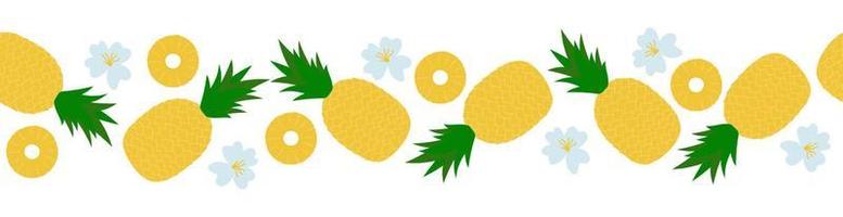 bordure transparente d'ananas. dessin animé de fruits entiers, de tranches et de fleurs sur fond blanc vecteur