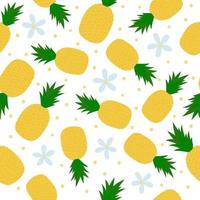 modèle sans couture d'ananas. dessin animé fruits entiers et fleurs sur fond blanc vecteur