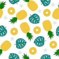 modèle sans couture d'ananas. fruits de dessin animé, fleurs et feuilles sur fond blanc vecteur