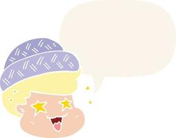 dessin animé garçon portant chapeau et bulle de dialogue dans un style rétro vecteur
