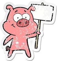 autocollant en détresse d'un cochon de dessin animé heureux vecteur