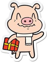 autocollant d'un cochon de dessin animé nerveux avec cadeau vecteur