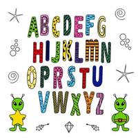 l'alphabet de l'espace lumineux. alphabet, l'alphabet est un ensemble lumineux sur un thème spatial. pour les livres, les livres à colorier, l'enseignement, l'arrière-plan, le dépliant, l'affiche. vecteur