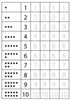 numéro de suivi de un à dix. feuille de travail préscolaire. noir et blanc. vecteur