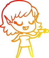 ligne de gradient chaud dessinant une fille de l'espace de dessin animé heureux avec un pistolet à rayons vecteur
