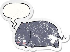 autocollant en détresse hippopotame de dessin animé et bulle de dialogue vecteur