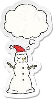 dessin animé noël bonhomme de neige et bulle de pensée comme un autocollant usé en détresse vecteur