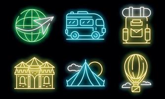 icônes d'excursion définies vecteur néon