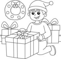 Page de coloriage de cadeau d'ouverture de garçon de Noël pour les enfants vecteur