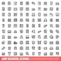 Ensemble de 100 icônes d'école, style de contour vecteur