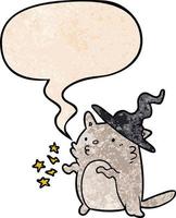magicien de chat de dessin animé incroyable magique et bulle de dialogue dans un style de texture rétro vecteur