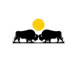 bison tête à tête sur le logo coucher de soleil vecteur