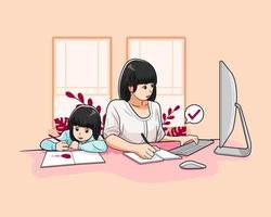 mère occupée travaillant en ligne et fille occupée à dessiner à la maison illustration vectorielle téléchargement pro vecteur