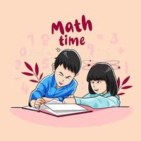 petit garçon et fille confus faisant des maths illustration vectorielle téléchargement pro vecteur