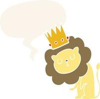 dessin animé lion et couronne et bulle de dialogue dans un style rétro vecteur
