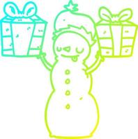 ligne de gradient froid dessin bonhomme de neige dessin animé avec présent vecteur