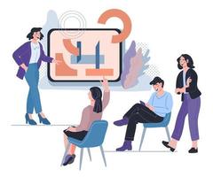 bannière de coaching d'affaires avec des personnes près du tableau de présentation. cours d'éducation et de compétences en entreprise sur le travail d'équipe. établissement d'objectifs dans le cadre d'une formation commerciale ou d'un webinaire. illustration vectorielle isolée. vecteur