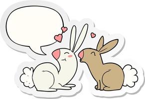 lapins de dessin animé amoureux et autocollant de bulle de dialogue vecteur