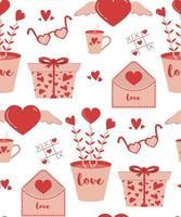 saint valentin vecteur sans soudure de fond - coffret cadeau, lettre d'amour, plante d'amour, lunettes de soleil en forme de coeur, tasse à café, coeur avec ailes, tic tac toe