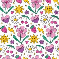 fond de motif harmonieux de marguerite kawaii mignon avec fleur de marguerite souriante, coeurs, fraise, soleil. fond de vecteur lumineux avec des éléments colorés. impression rétro.