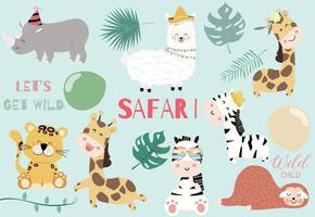 collection d'animaux sauvages avec girafe, tigre, zèbre, paresseux, lama vecteur