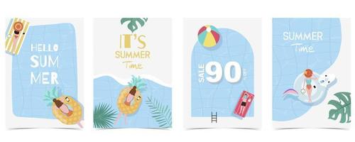 carte postale de l'heure d'été avec piscine et plage dans le fond de la journée vecteur