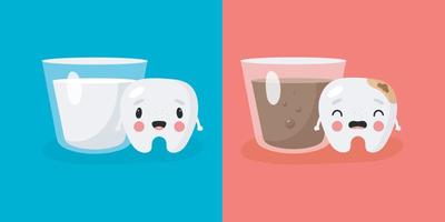 affiche sur l'hygiène dentaire en style cartoon. l'illustration montre une dent amusante, une boisson nocive et saine pour lui. concept dentaire pour la dentisterie et l'orthodontie des enfants. illustration vectorielle. vecteur