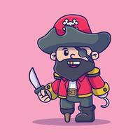 icône de vecteur de dessin animé pirate de conception de personnage. capitaine pirate avec bandeau sur les yeux et concept d'icône d'épée à la main. style de dessin animé plat