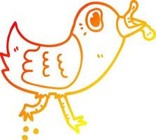 ligne de gradient chaud dessinant un oiseau de dessin animé avec un ver vecteur