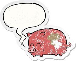 mignon dessin animé cochon et bulle autocollant en détresse vecteur