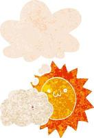dessin animé soleil et nuage et bulle de pensée dans un style texturé rétro vecteur