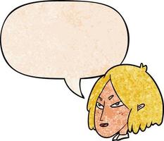 femme de bande dessinée et bulle de dialogue dans un style de texture rétro vecteur