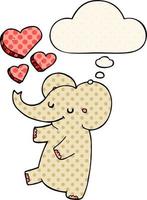 éléphant de dessin animé avec des coeurs d'amour et une bulle de pensée dans le style de la bande dessinée vecteur