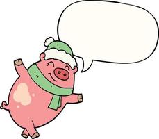 cochon de dessin animé portant un chapeau de noël et une bulle de dialogue vecteur
