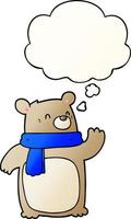 ours de dessin animé portant une écharpe et une bulle de pensée dans un style de dégradé lisse vecteur