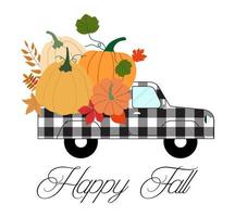 camion à carreaux de buffle avec des citrouilles. illustration vectorielle. isolé sur fond blanc. joyeux thanksgiving, saison des récoltes. vecteur