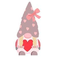 adorable gril de gnome de la saint-valentin avec un nœud rose et une poche en forme de cœur. illustration vectorielle. isolé sur fond blanc. design festif sur le thème du 14 février. vecteur